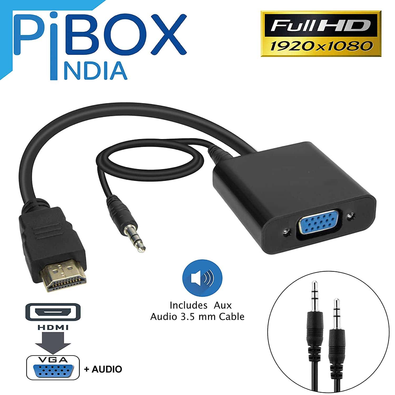 HDMI to VGA with Audio, PiBOX India Gold-Plated HDMI to VGA Adapter (Male  to Female) for Computer, Desktop, Laptop, PC, Monitor, Projector, HDTV