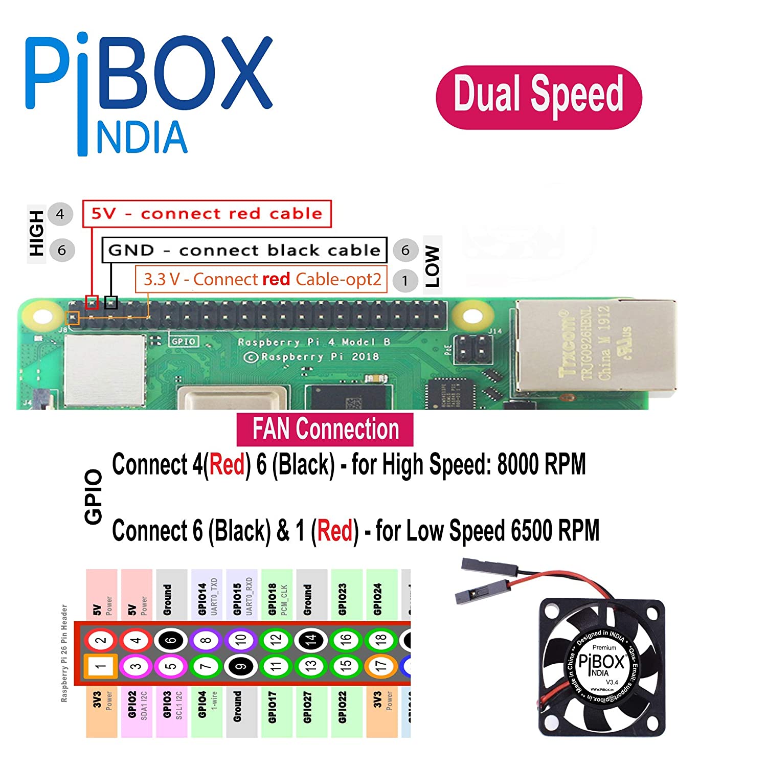 PiBOX India Dual Speed Raspberry PI Fan 8000RPM 6500 RPM PiBOX India Dual Speed Raspberry PI Fan 8000RPM 6500 RPM
