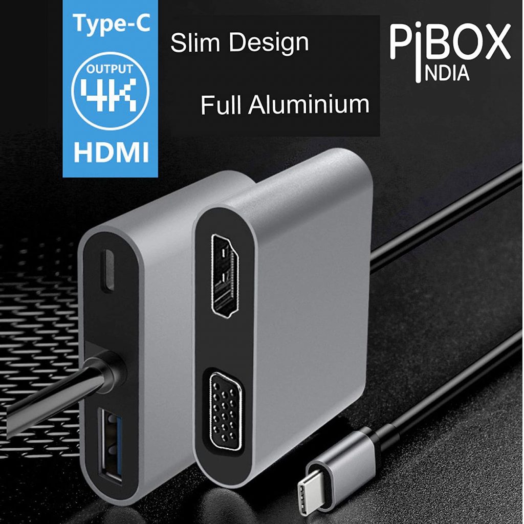 USB C to HDMI VGA USB Adapter, PiBOX India Aluminium Type C USB hub 3.1