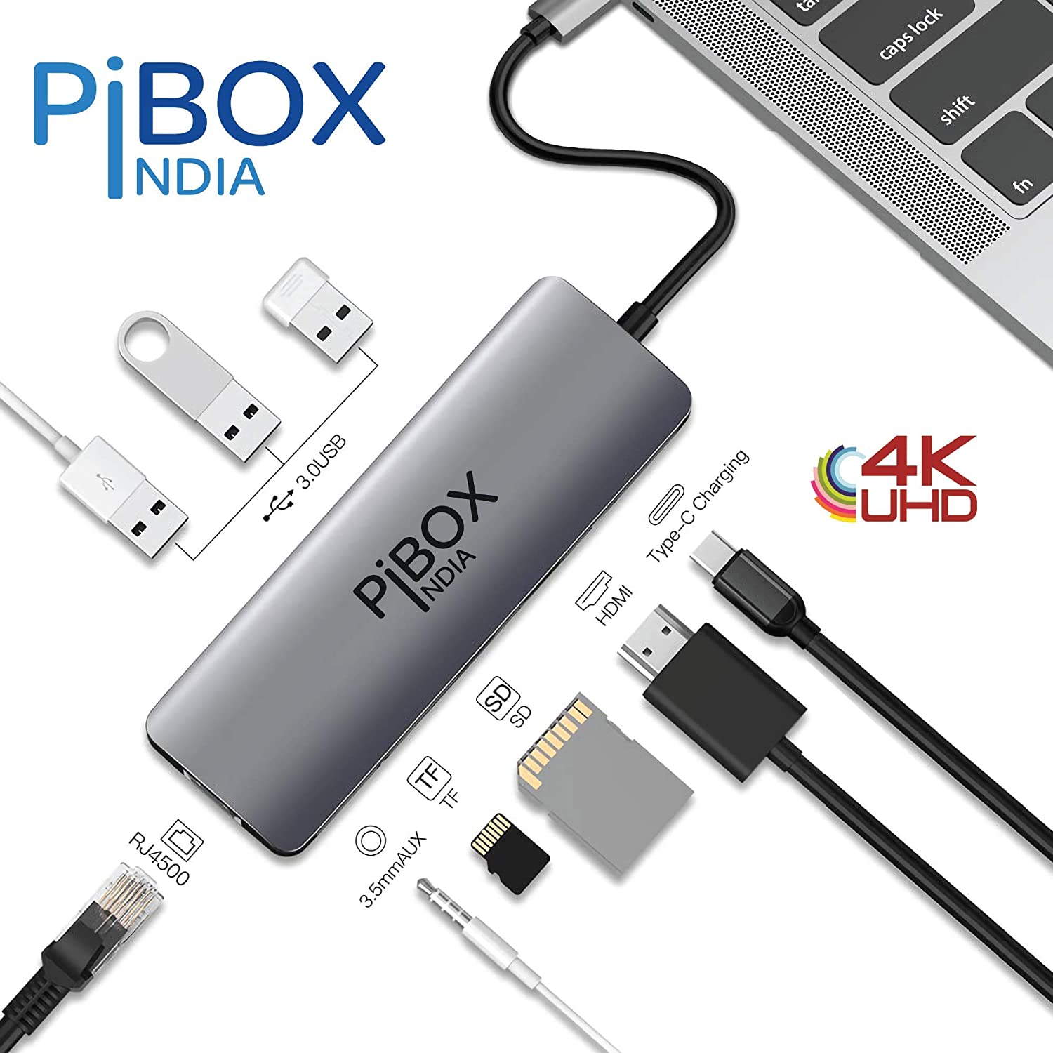 PiBOX India, USB C Hub Dock- 9 in 1 Aluminum Type C Adapter with 4K HDMI,  Ethernet 1000mbps RJ45, 3 USB 3.0, USB-C Power Delivery, 3.5mm Audio, TF/SD  Card Reader, MacBook / /