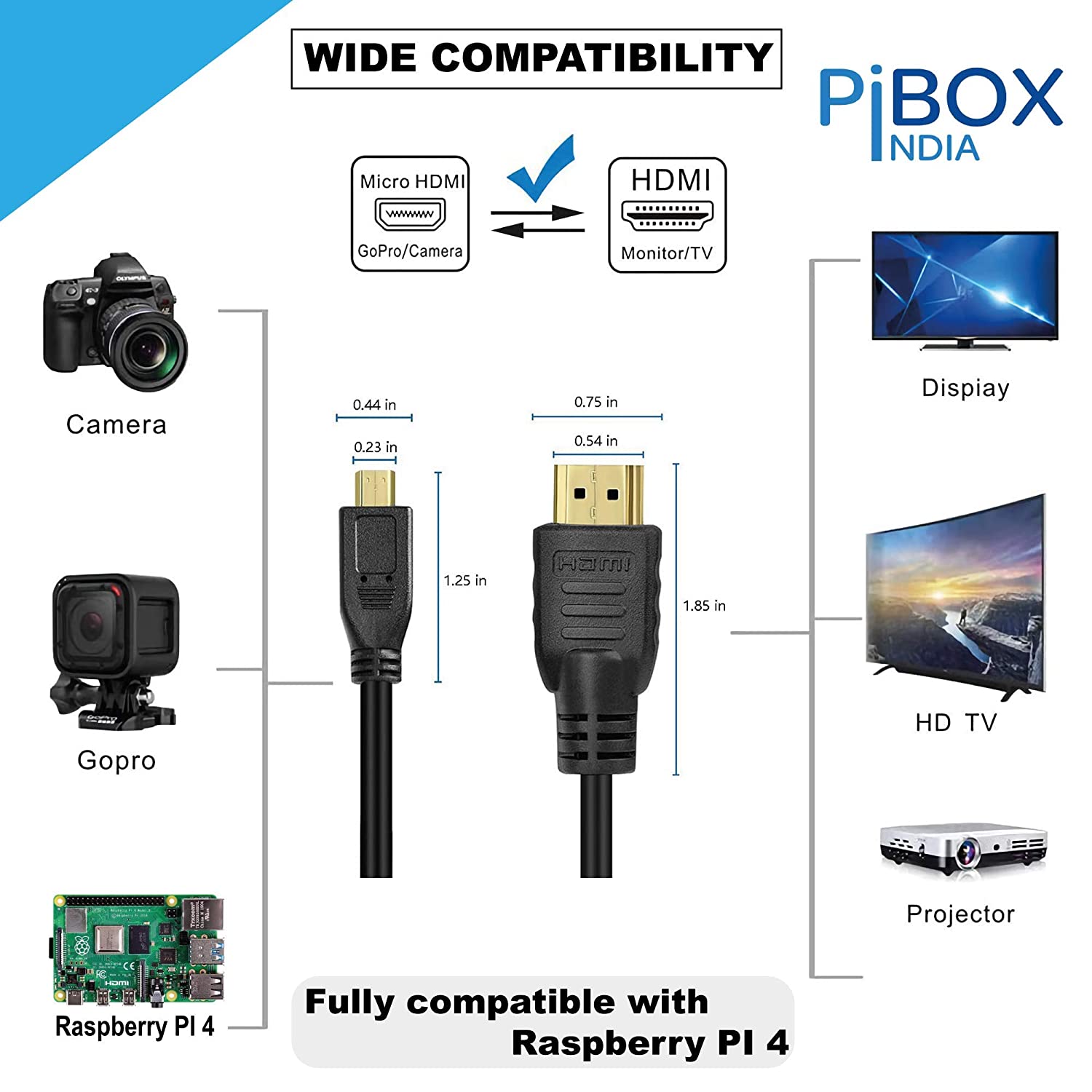 pibox India, Micro HDMI cable to HDMI Cable, 4K 60Hz, 1.5 Meter 5 feet,  Adapter Ethernet Audio Return for Raspberry Pi 4 pi 5 RPI, GoPro Hero 7,  Sony