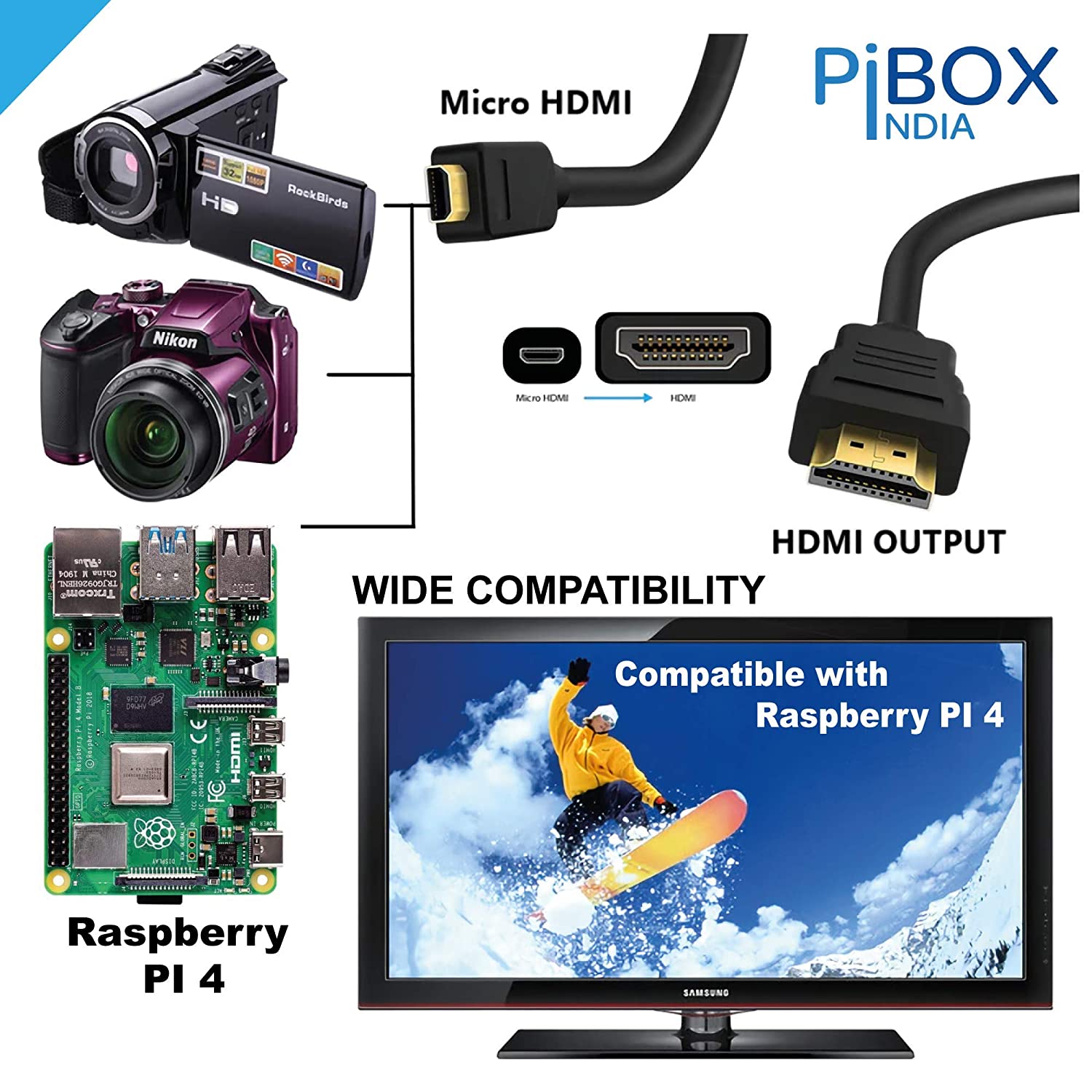 pibox India, Micro HDMI cable to HDMI Cable, 4K 60Hz, 1.5 Meter 5