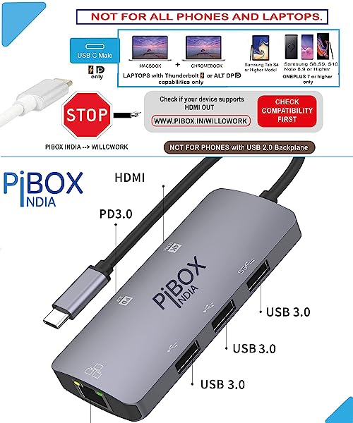 USB C Hub Dock - PiBOX India 6 in 1 Aluminum Type C Adapter with HDCP  Support 4K HDMI Port, Ethernet 100mbps RJ45 Port, USB 3.0 Port, USB-C Power  Delivery, MacBook / /