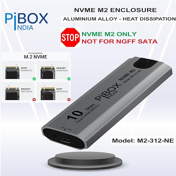 NVME M2 Enclosure, PiBOX India NVMe SSD Enclosure - USB 3.2 10Gbps,  Tool-Free M.2 NVMe Case, PCI-E NVMe Reader, USB-C, Supports M & B&M Keys,  2230/2242/2260/2280 SSDs, REALTEK RTL9210 Chipset [INSTALLATION VIDEO