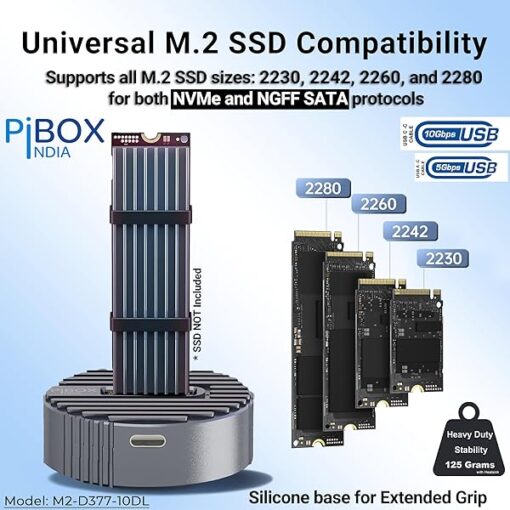 M.2 NVMe NGFF SSD Docking Station - PiBOX India Dual Protocol NVMe SATA Dock USB 3.0 10Gbps, Heavy Aluminum M.2 SSD Dock with Heat Dissipation, Tool-Free M Key B&M Key 2230/2242/2260/2280 RTL9210B - Image 5