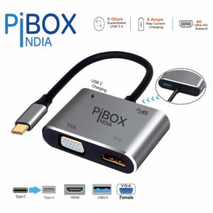 USB C to HDMI VGA USB Adapter, PiBOX India Aluminium Type C USB